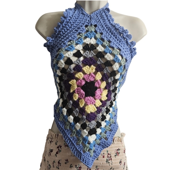 Handmade Granny Square Crochet Swim Cover Up Top Boho Resort Beachwear Colorful - Picture 4 of 17